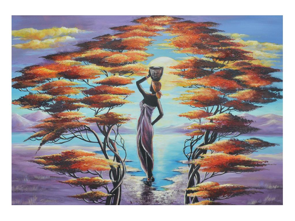 Orijentalna slika žene, drveća i sunca