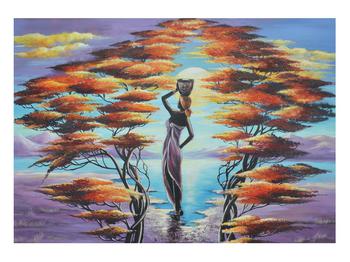 Tablou oriental cu femeie, copaci și soare