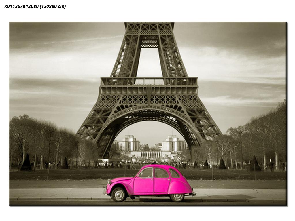 Slika Eiffelovega stolpa in rožnatega avtomobila