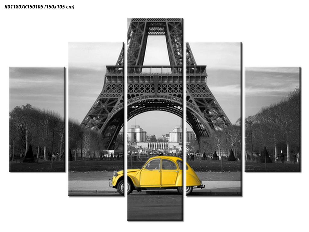 Slika Eiffelovega stolpa in rumenega avtomobila