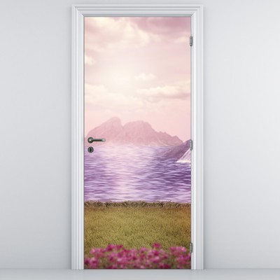 Fototapeta na dveře - Růžové stromy s jezerem