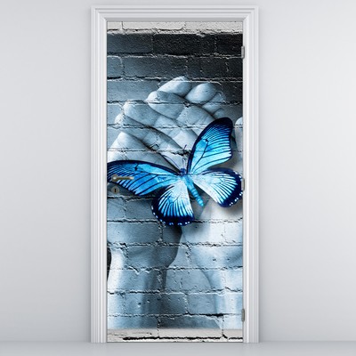 Fotótapéta ajtóra - Kék pillangó a falon