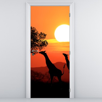 Deursticker - Giraffen bij zonsondergang