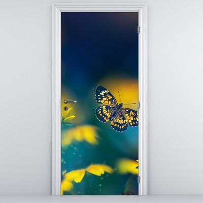Fototapeta na dveře - Žlutý motýl s květy