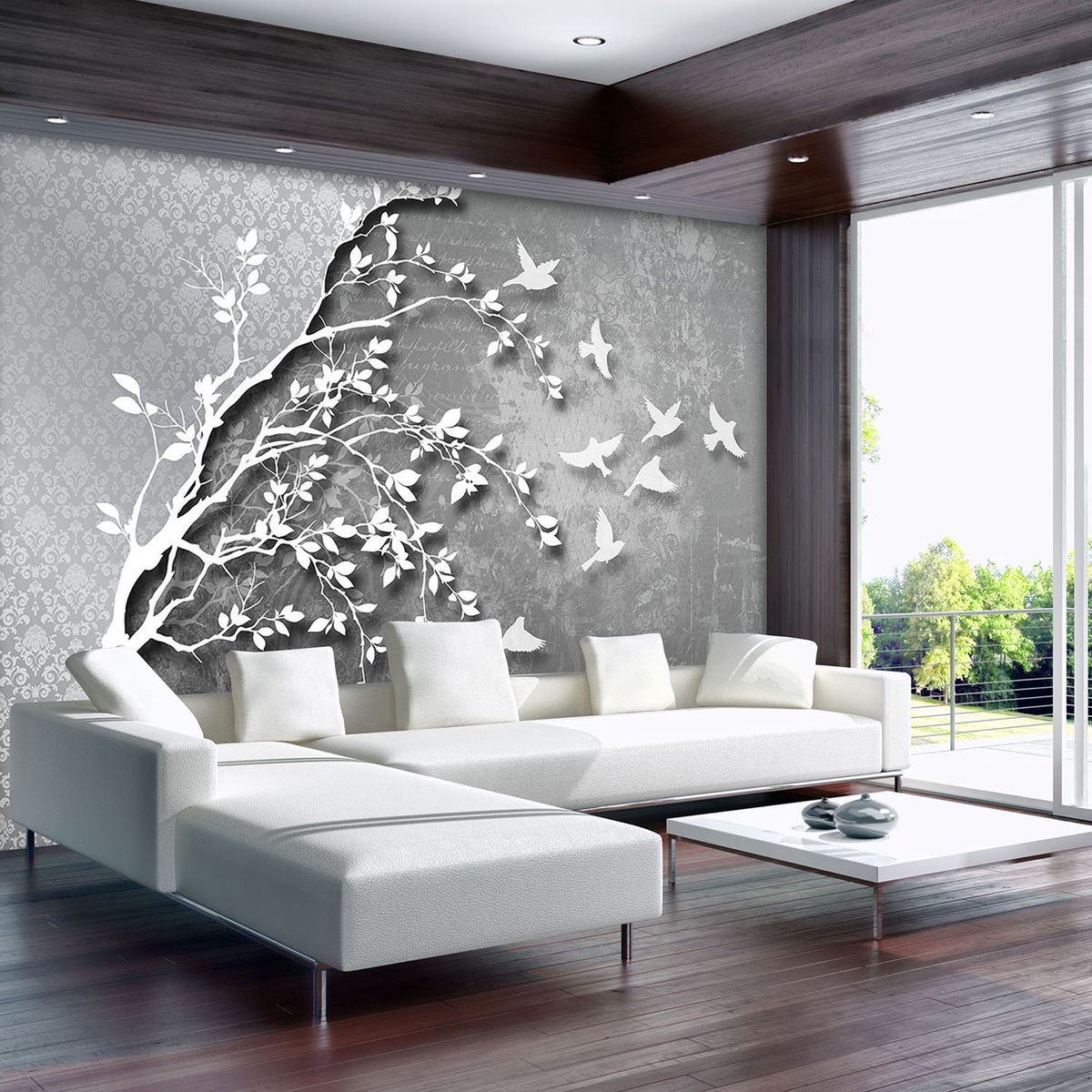Fototapet - Copac argintiu cu păsărele (T030202)