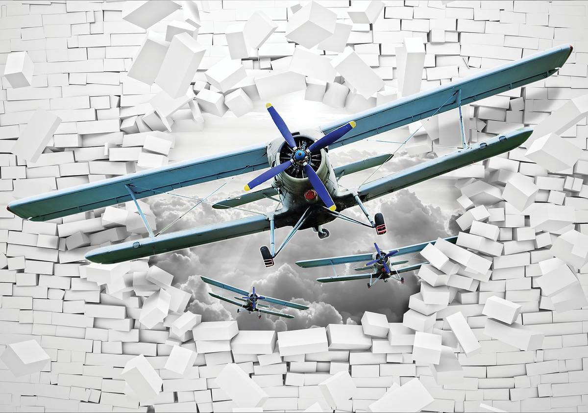 Fototapet - Avionul zboară din perete 3D (T030301)