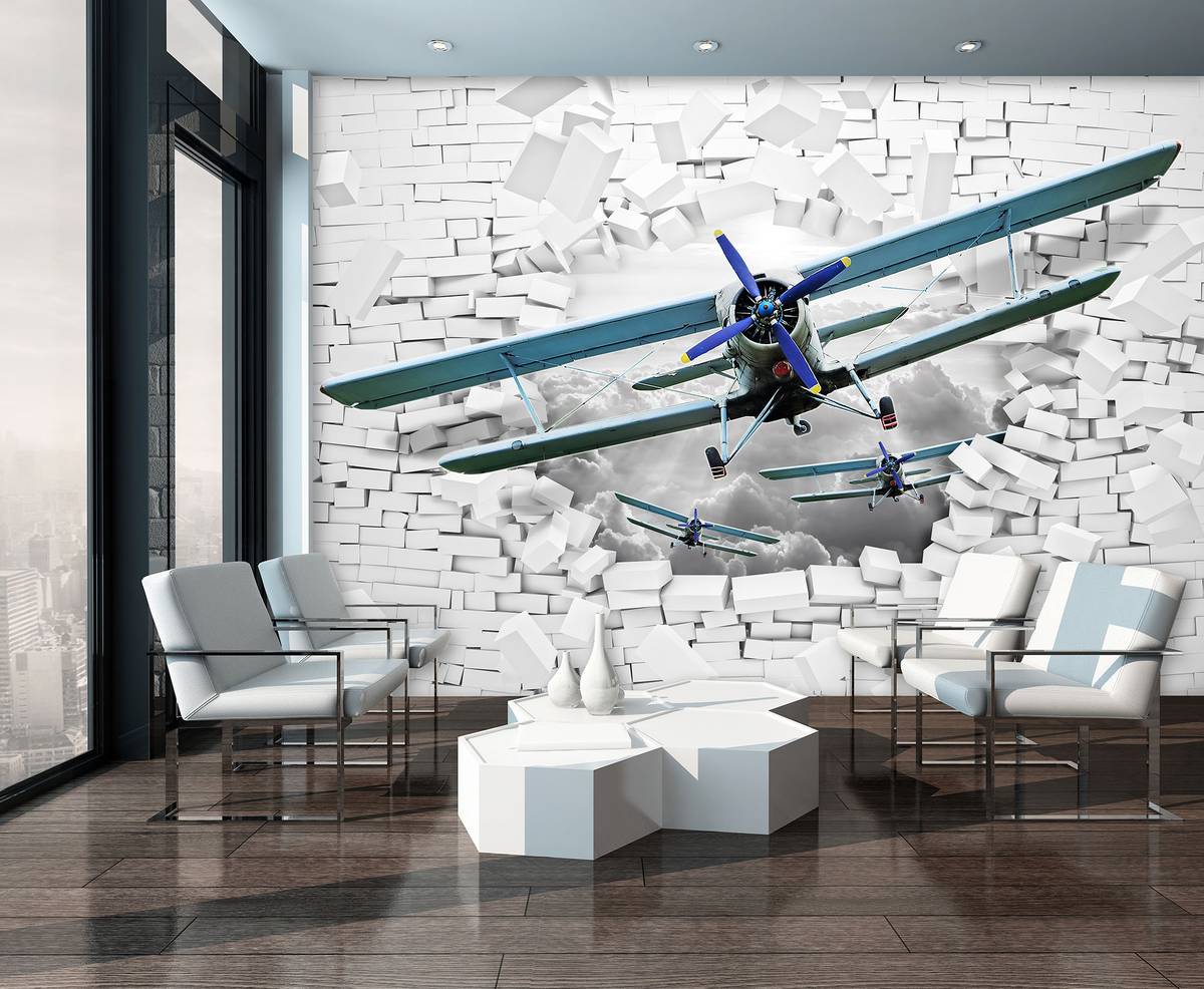 Fototapeta - Letadlo letí ze zdi 3D (T030301)