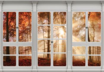 Fototapeta - Podzimní zobrazení okna - les