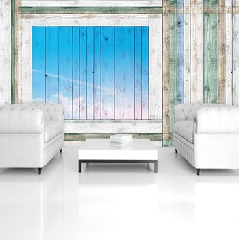 Foto tapeta - Lesene deske - modro okno