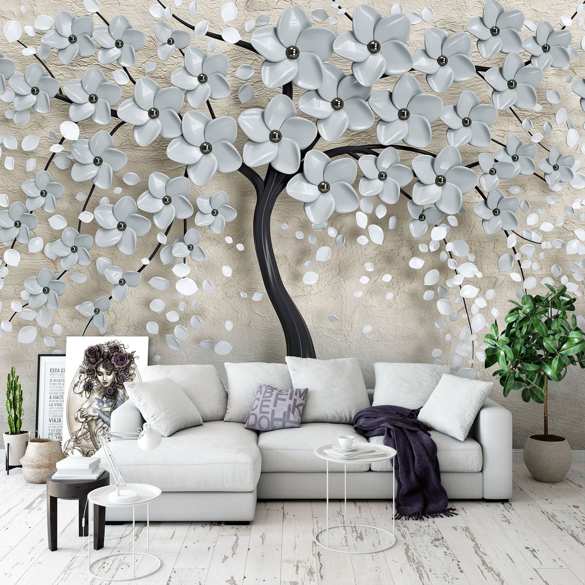 Foto tapeta - Drevo in sivi cvetovi (T031955T1525104B)