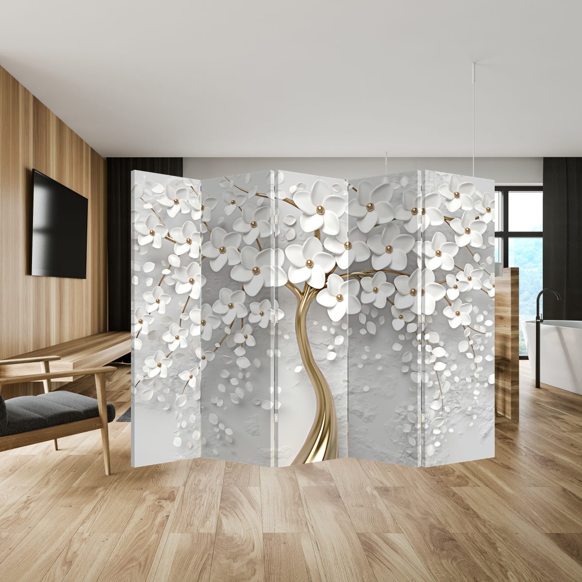 Parawan - Białe drzewo z kwiatami (P020977P225180)