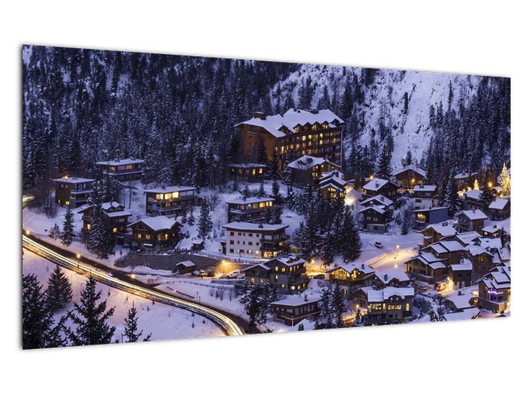 Skleněný obraz - horské zimní městečko (V020600V10050GD)