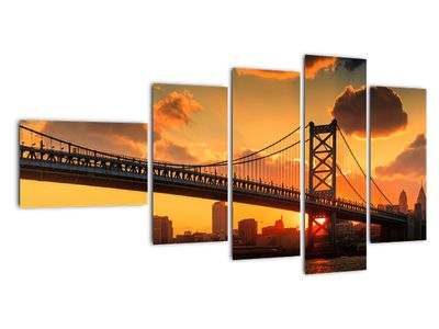Obraz - Západ slunce nad mostem Bena Franklina, Filadelfie