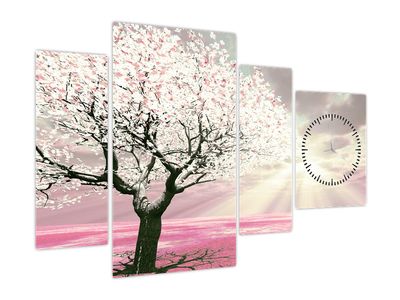 Růžový obraz stromu (s hodinami)