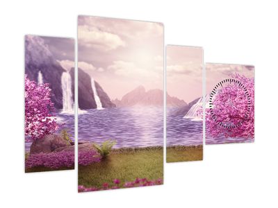 Obraz růžových stromů s jezerem (s hodinami)