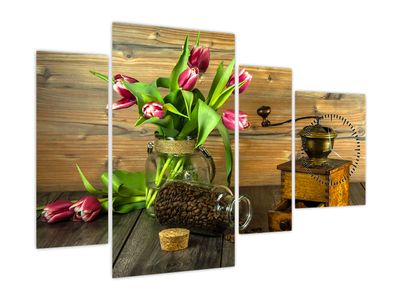 Schilderij - Tulpen, koffiemolen en koffiebonen (met klok)