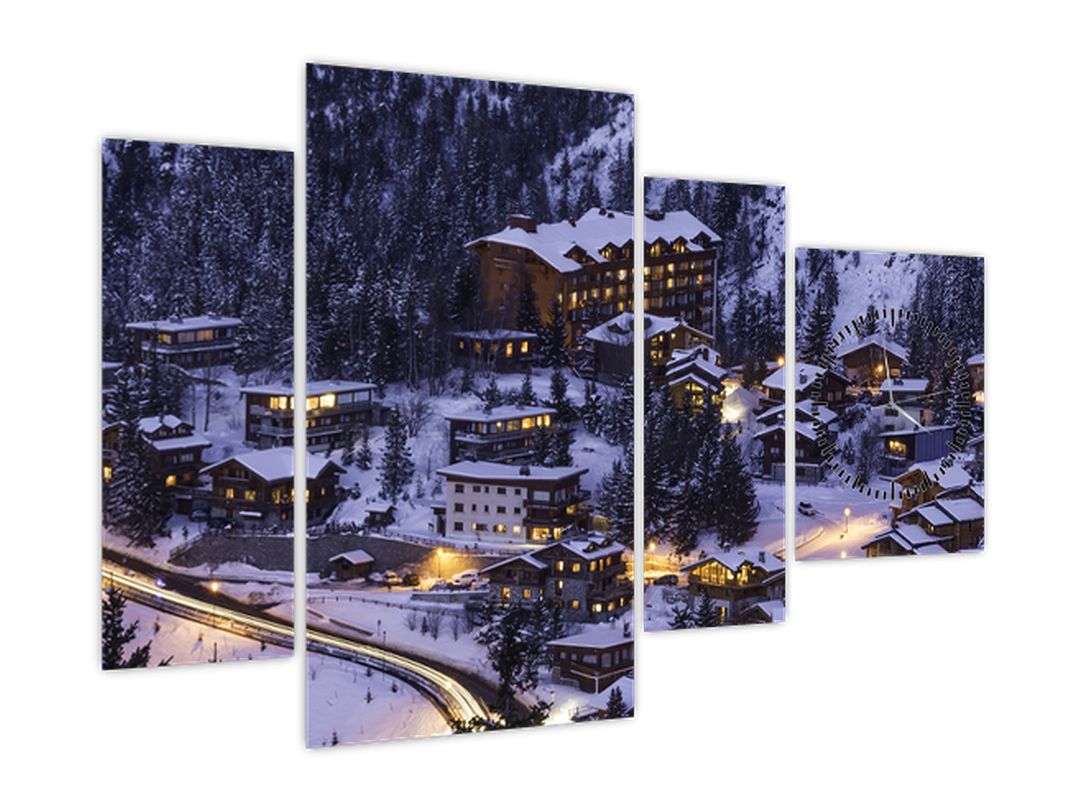 Obraz - horské zimní městečko (s hodinami) (V020600V11075C)