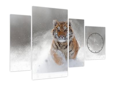 Obraz běžícího tygra ve sněhu (s hodinami) (V020719V11075C)