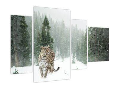 Schilderij - Luipaard in de sneeuw (met klok)
