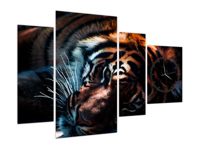 Schilderij - Liggende tijger (met klok)