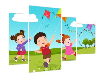 Schilderij - Vliegerende kinderen (met klok)