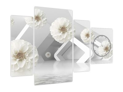 Tablou abstract cu flori albe (cu ceas)