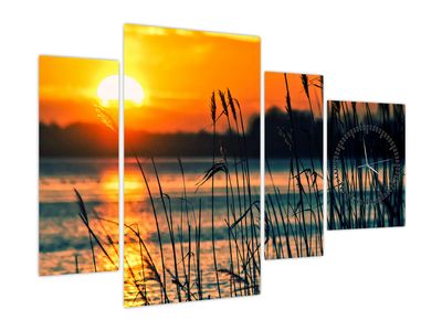 Slika - Sončni zahod nad jezerom (z uro)