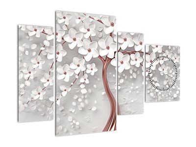 Schilderij - Witte boom met bloemen (met klok)