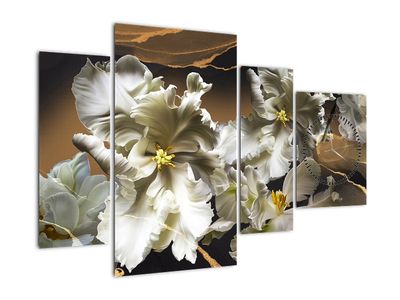 Tablou - Flori de orhidee pe fundal de marmură (cu ceas)