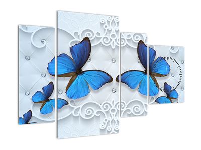 Schilderij - Blauwe vlinders (met klok)