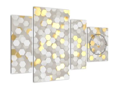 Obraz - Zlato-biele hexagóny (s hodinami)
