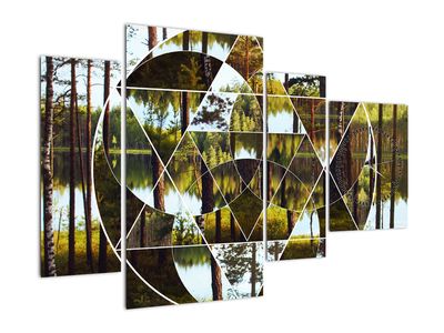 Schilderij - Geometrische collage met noordse bossen als achtergrond (met klok)