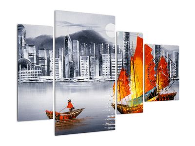 Festmény - Victoria Harbour, Hong Kong, fekete-fehér olajfestmény (órával)