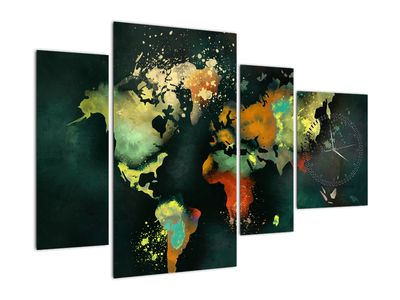 Obraz - Mapa sveta v tmavo zelenej, aquarel (s hodinami)