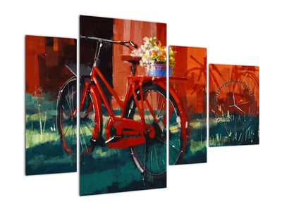 Schilderij - Rode fiets, acrylschilderij (met klok)