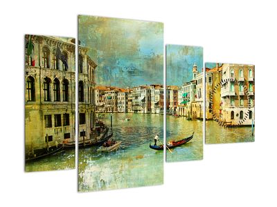 Slika - Beneški kanal in gondole (z uro)
