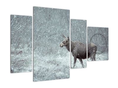 Schilderij - Eland in een besneeuw bos (met klok)