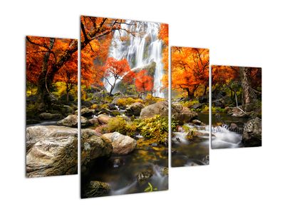 Obraz - Vodopády v oranžovom lese (s hodinami)