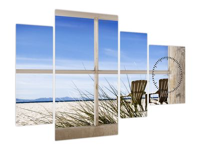 Bild auf Leinwand - Fenster mit Blick auf den Strand (mit Uhr)