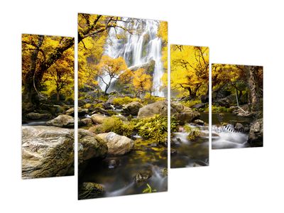 Bild auf Leinwand - Wasserfälle in Herbstlandschaft, gelb (mit Uhr)