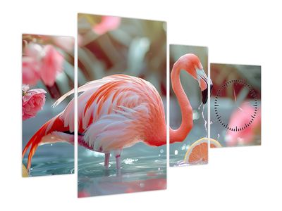 Bild auf Leinwand - Flamingo im Teich (mit Uhr)