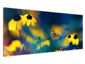 Schilderij - Gele vlinder met bloemen