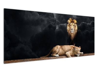Schilderij - Leeuw en leeuwin in de wolken