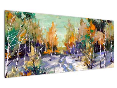 Schilderij - Besneeude weg door het bos, olieverfschilderij