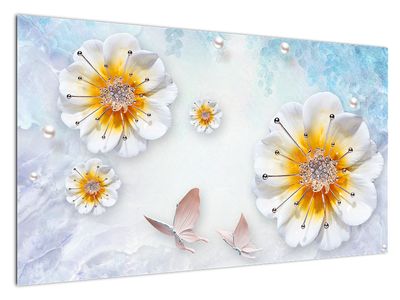 Slika - Kompozicija s cvetovi in metulji
