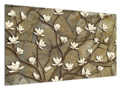 Obraz - Białe magnolie na murze kamiennym
