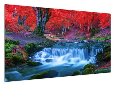 Obraz wodospadu w czerwonym lesie