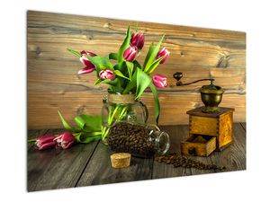 Slika - tulipani, mlinac i kava