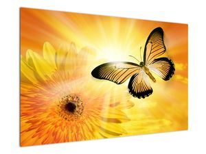 Schilderij - Gele vlinder met bloem
