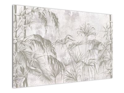 Schilderij - Tropische planten op de muur in het grijs